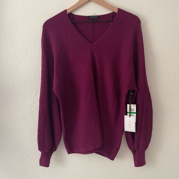State Women's Rib-Knit Bubble Sleeve Long Sleeve V-neck Sweater Size L - Picture 2 of 7